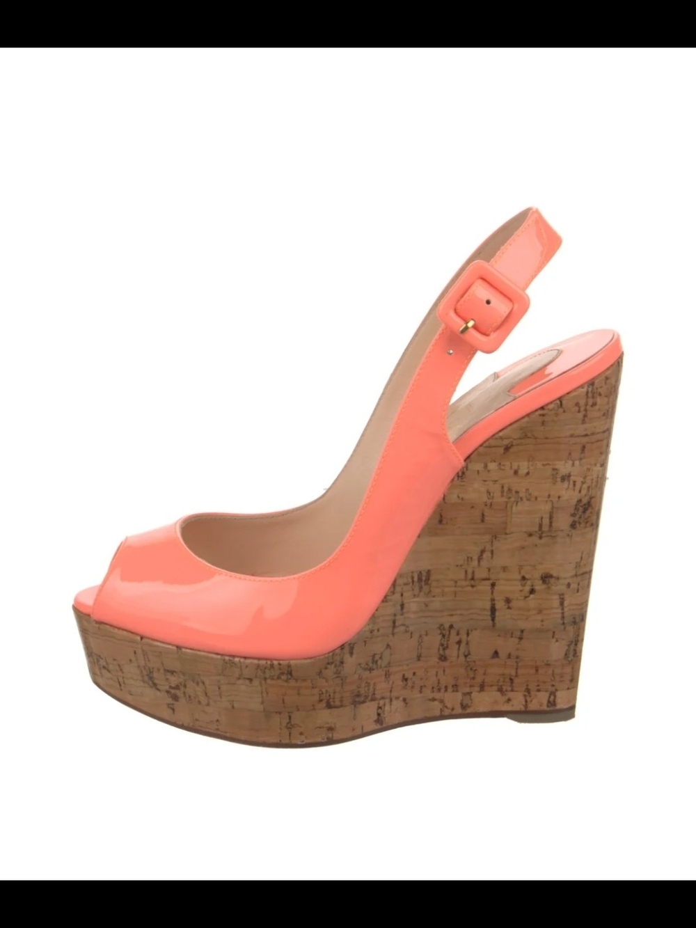 ❤️ RED BOTTOM ❤️ Coral Patent Cork Wedge Slingback Peep-Toe